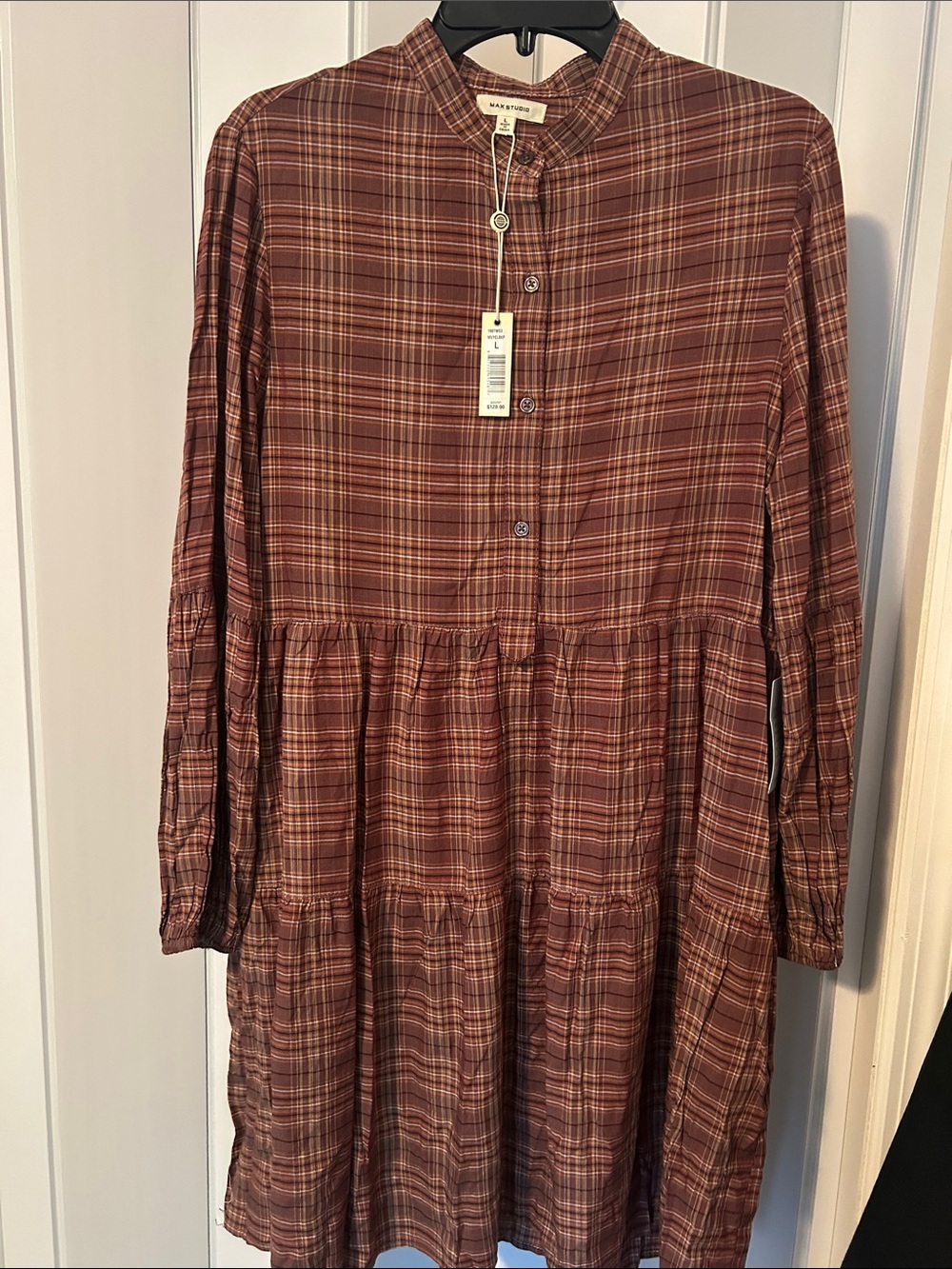 Max Studio Rust Plaid Long Sleeve Tiered Dress